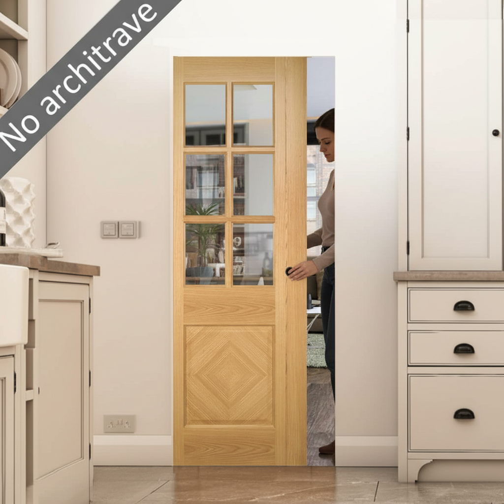 Premium Oak Glazed Flush Pocket Door System with No Bottom Track and Adjustable Doorstop for Space-Saving Design