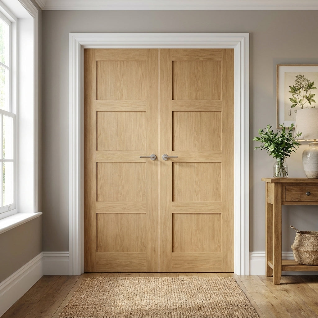 Internal Unfinished Oak Shaker 4 Panel Door Pair, Solid Core