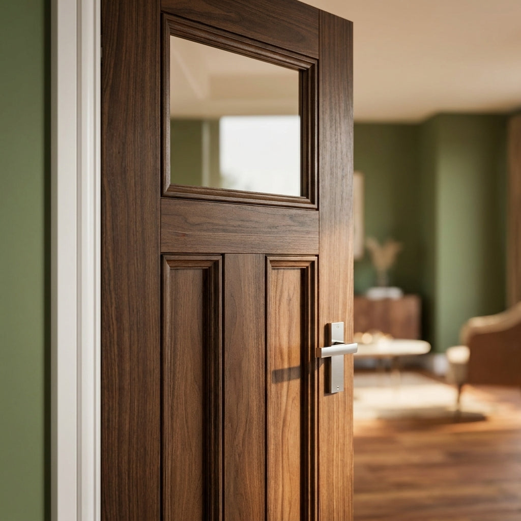 Internal Fully Finished Walnut Door with 1 Light Clear Glass Panel - detail view