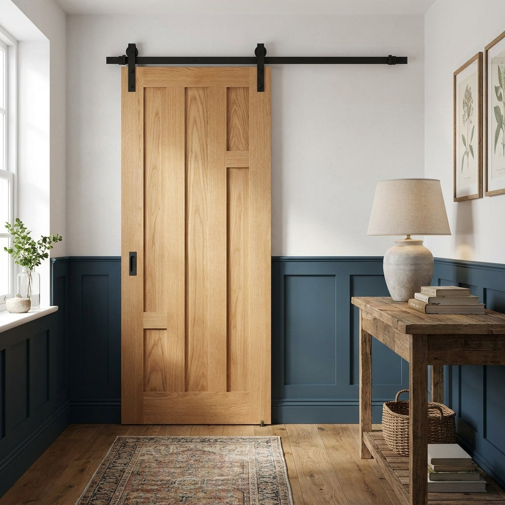 Internal Oak Sliding Door Fully Finished 5 Panel Black Face Mounted