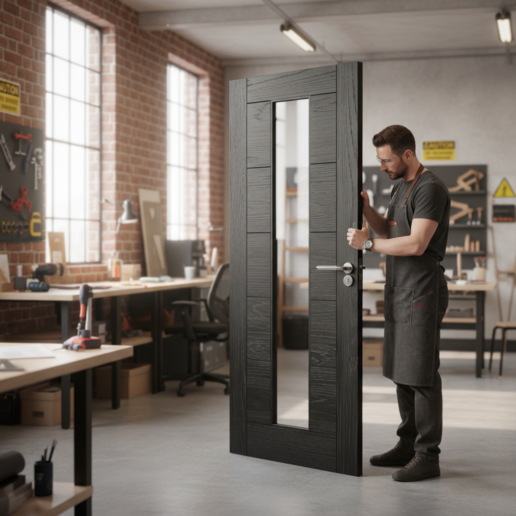 Premium Brushed Black Oak Glazed 1 Lite Door with Clear Tempered Glass and FSC Certification for Stunning Visual Appeal