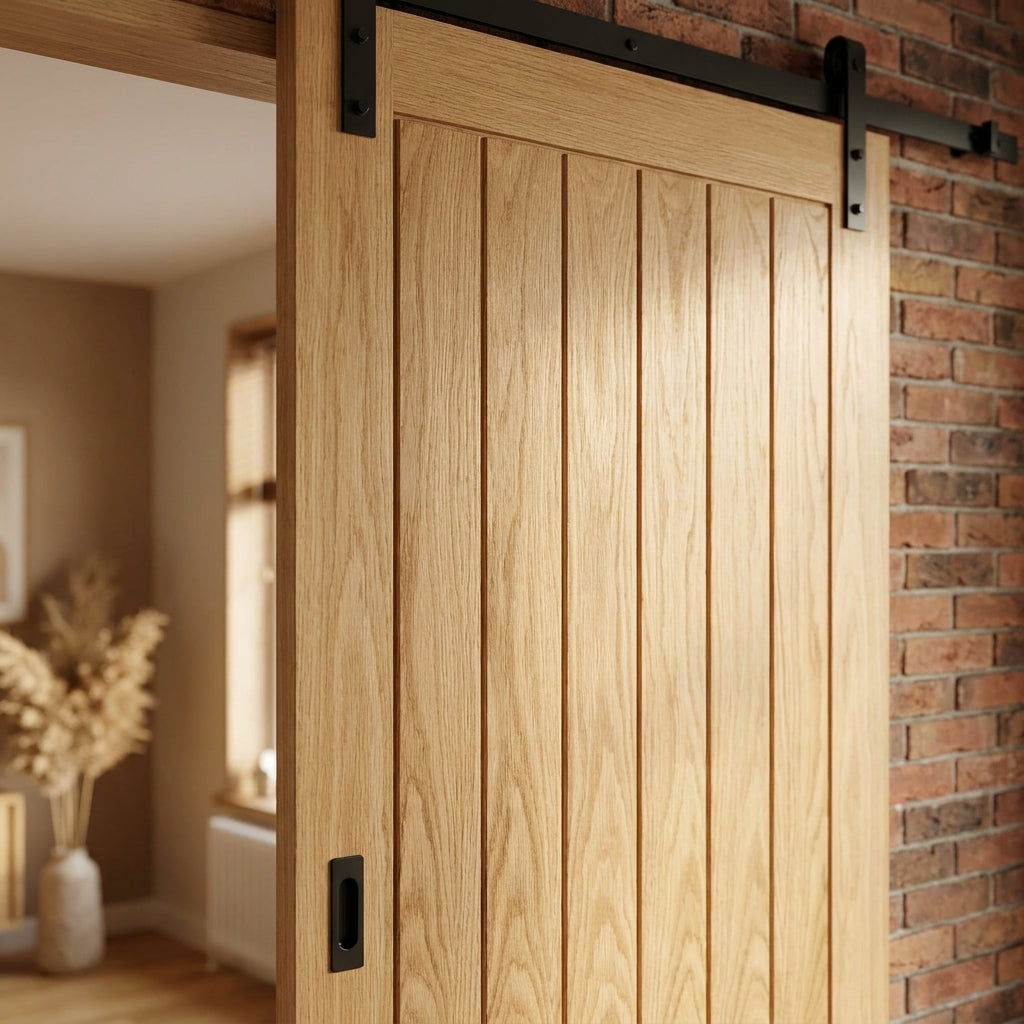 Internal Oak Sliding Door, Unfinished, Black Top Mounted, Solid Core - detail view