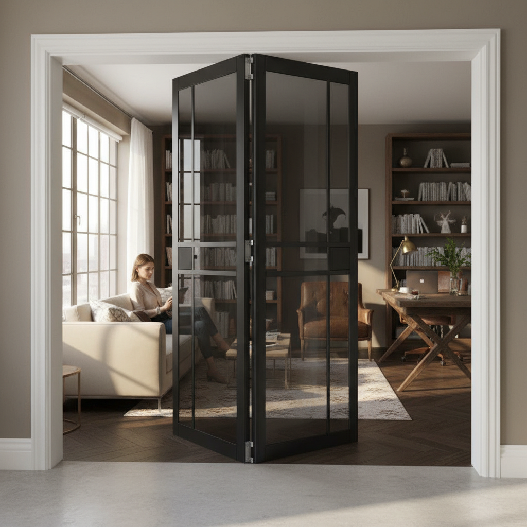 Premium High-Performance Tinted Glazed Room Divider with Bi-Folding Doors and Adjustable Frame