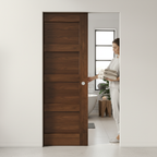 Premium 4-Panel Flush Pocket Door Set with Walnut Finish - Space-Saving Design and No Bottom Track for Modern Homes