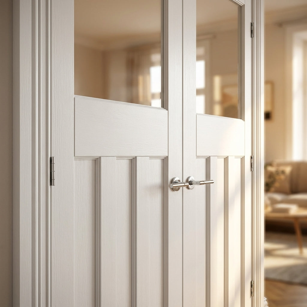 Internal 1930's French Door with 1 Light Obscure Glass, White Primed Finish - detail view