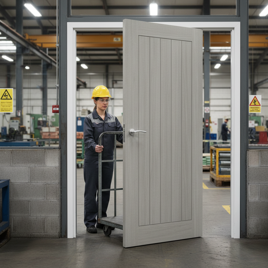 Premium Grey Laminate Fire Door with Clear Glass Panel and Semi-Solid Core Construction for Enhanced Durability and Elegance