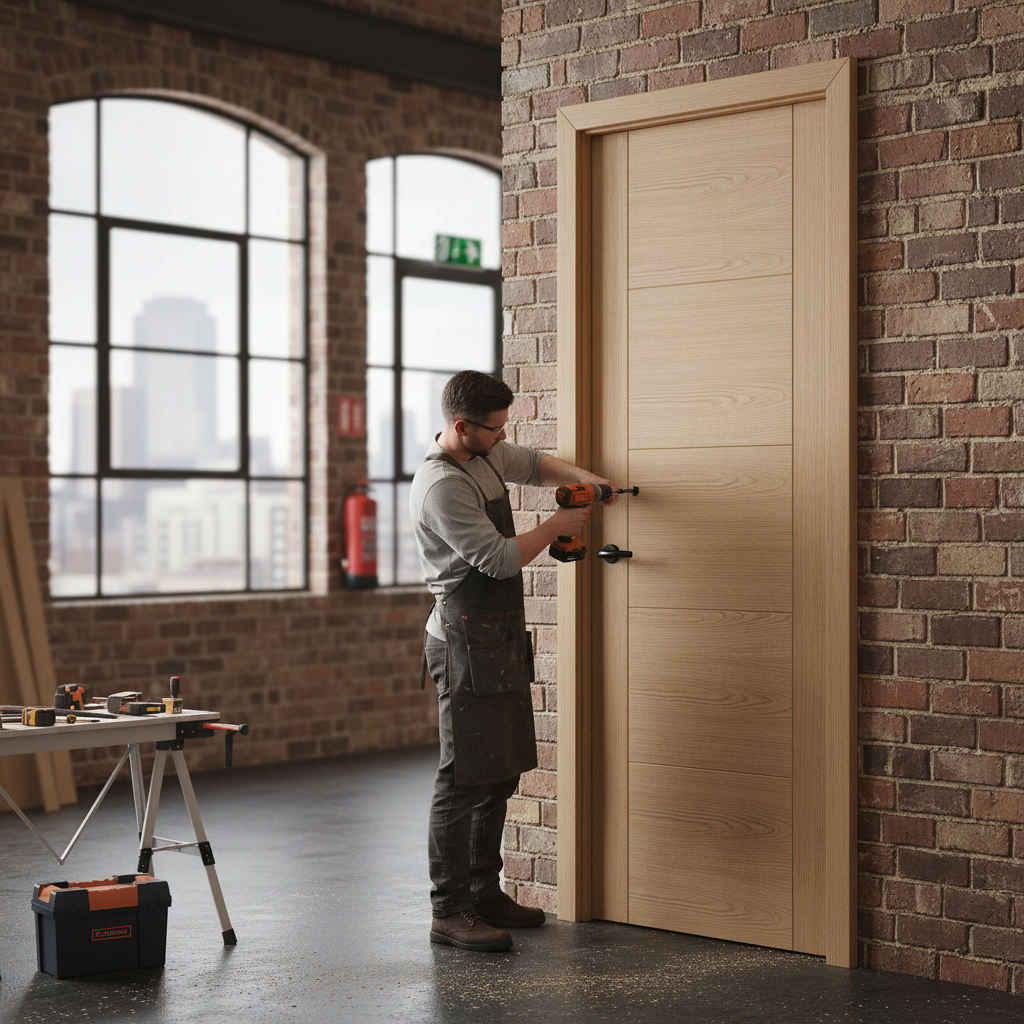 Premium Contemporary Oak Internal Fire Door with V Grooves and Satin Lacquer Finish for Modern Interiors