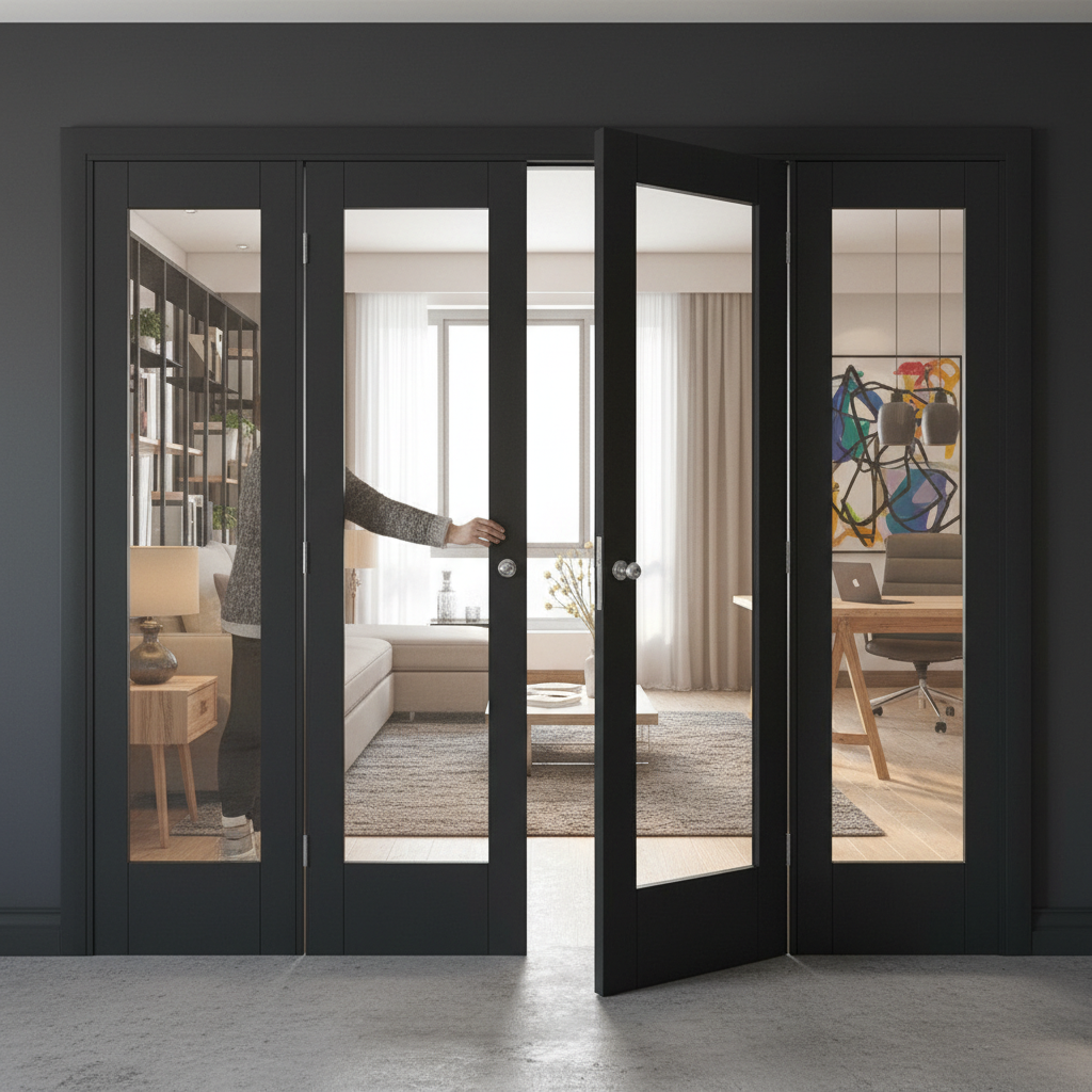 Premium Clear Glazed Brushed Black Oak French Doors with Demi Panels - Elegant Room Divider Options