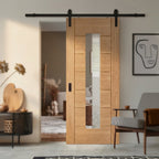 Oak Internal Sliding Door Fully Finished 1 Light Clear Glass - Black Face Mounted - detail view