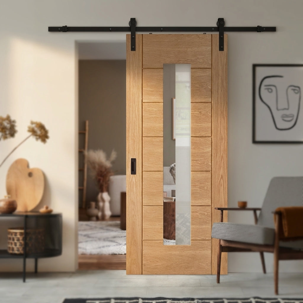 Oak Internal Sliding Door Fully Finished 1 Light Clear Glass - Black Face Mounted - detail view