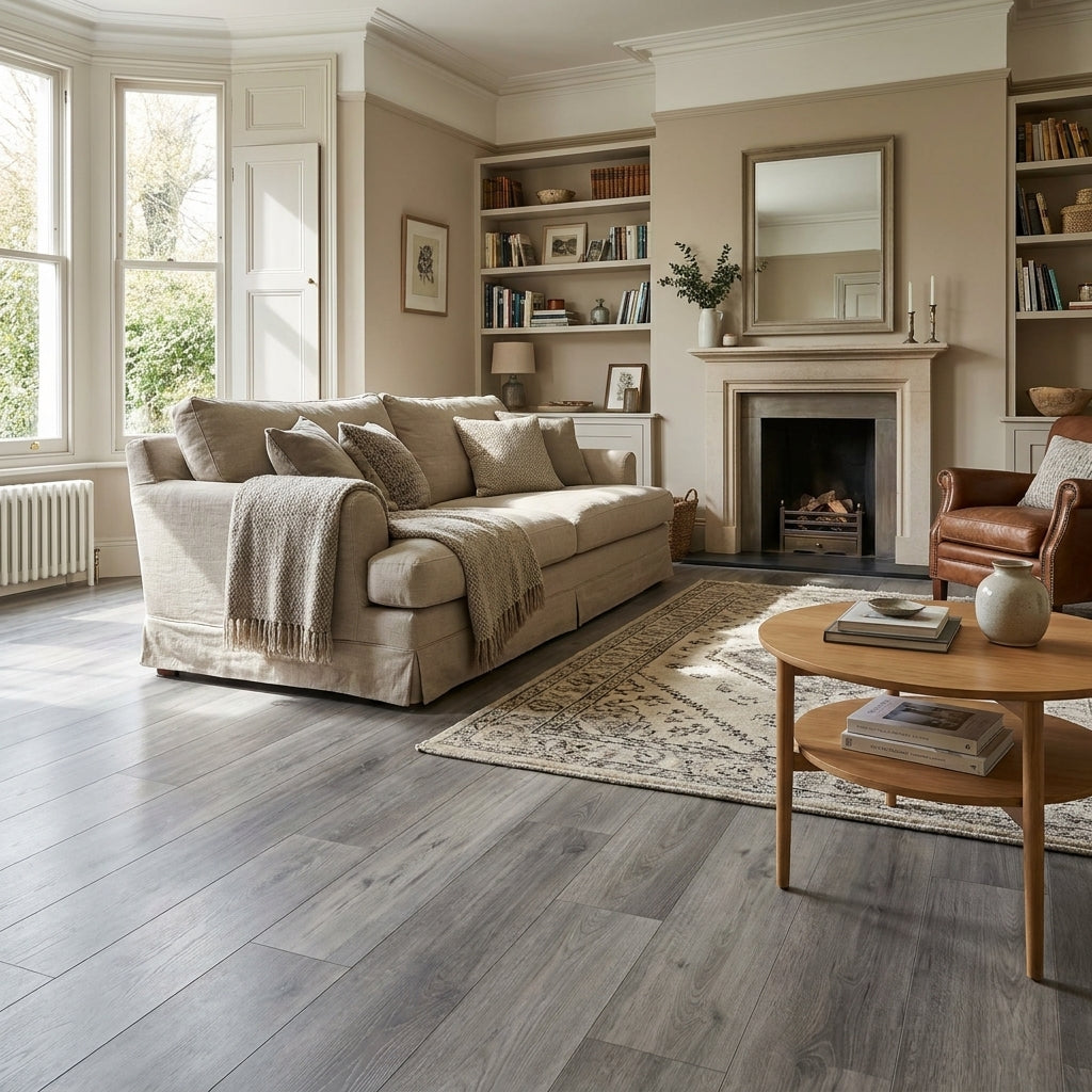 12mm High Gloss Laminate Flooring in Silver Grey Oak with 4V Bevel Edge