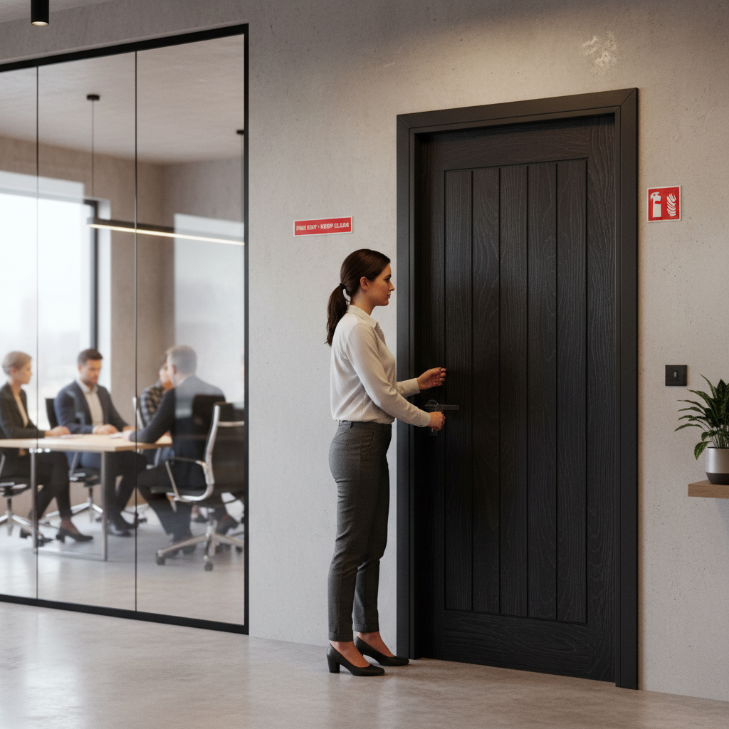 Premium Brushed Black Oak Fire Door with Solid Core, FSC Certified, and 10-Year Guarantee