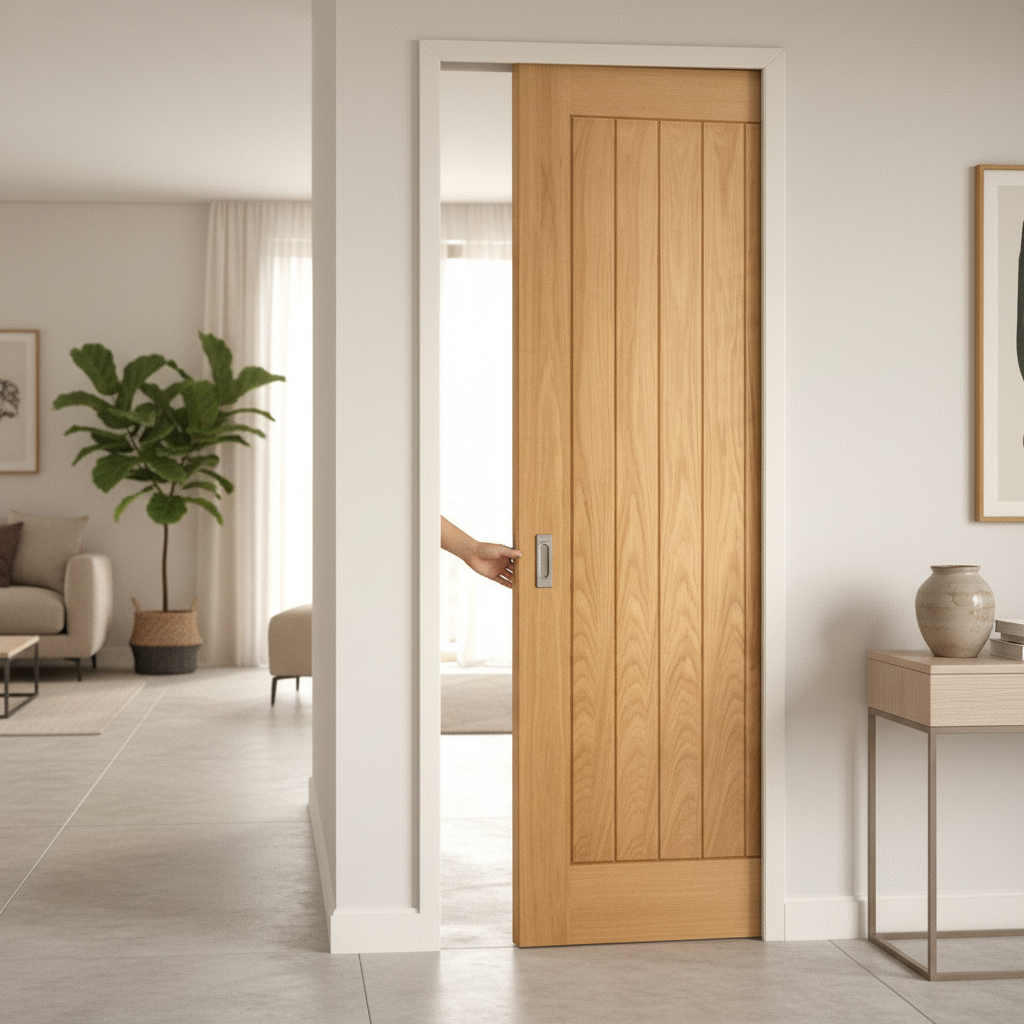 Premium Fully Finished Internal Pocket Door Set with Elegant Oak Finish, Space-Saving Design, and Easy Installation for Modern Interiors
