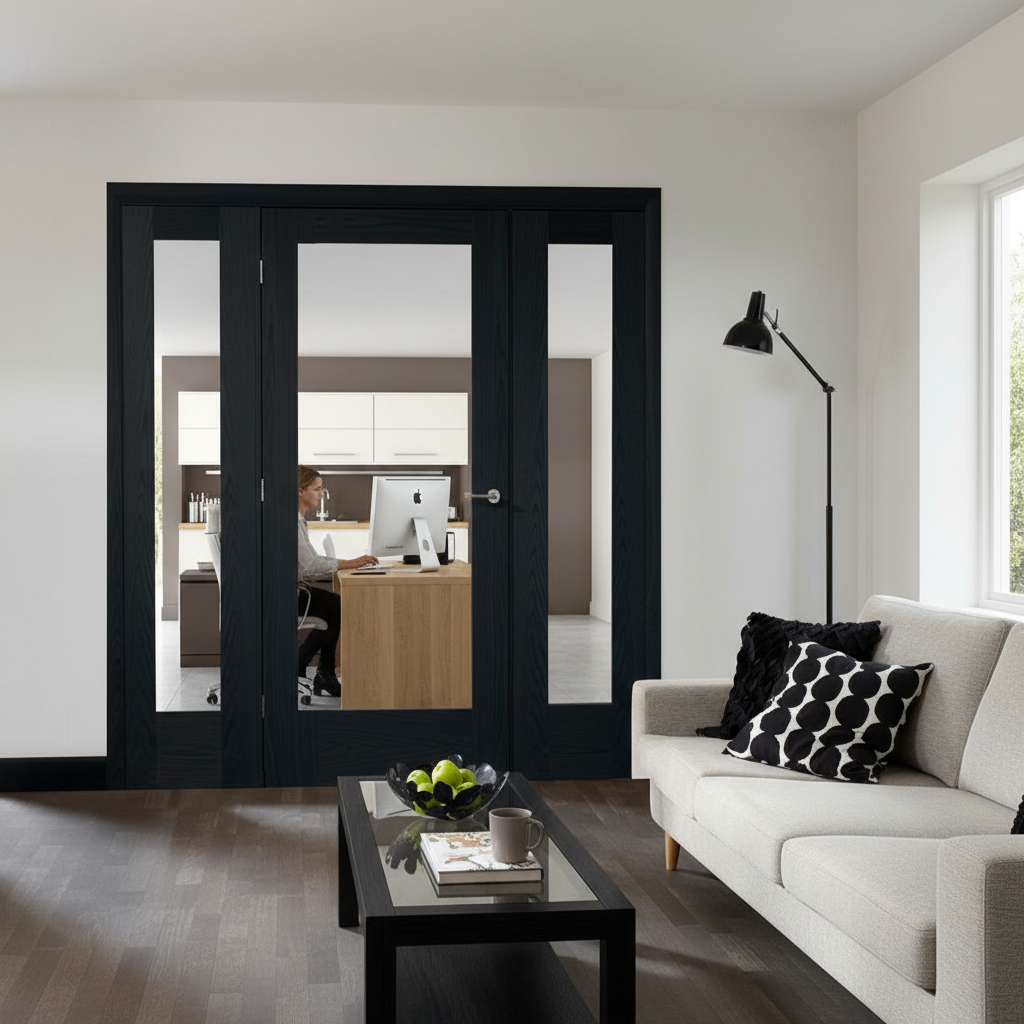 Premium Clear Glazed Brushed Black Oak Room Divider with Demi Panels - Customizable Size Options for Elegant Space Separation