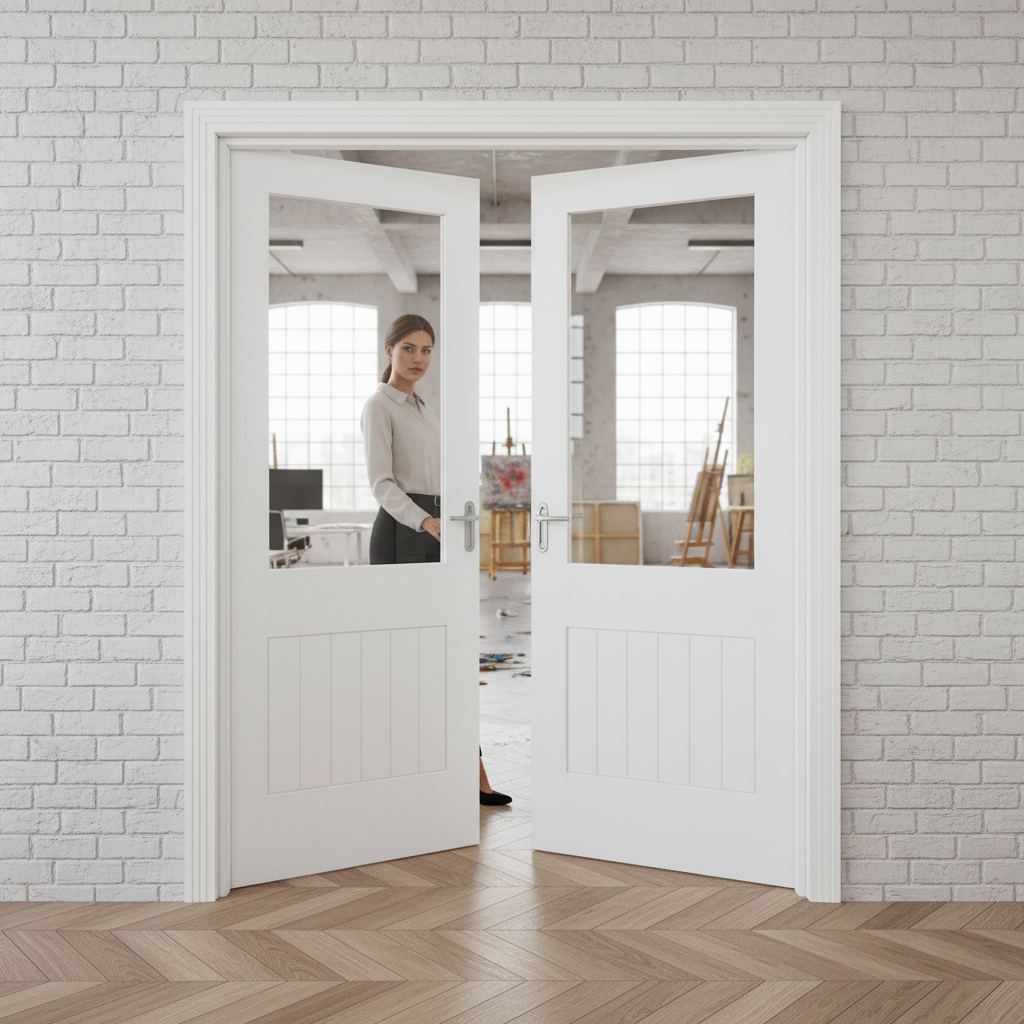 Premium Internal Cottage Style Pair Door with Clear Glass Panel and White Primed Finish for Timeless Elegance