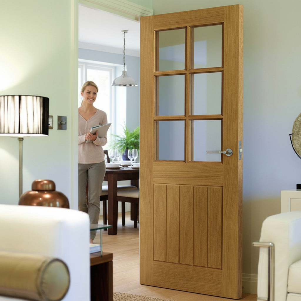 Premium Unfinished Internal Door with 6 Clear Glass Panels, Engineered Construction, and Solid Core Design for Enhanced Durability