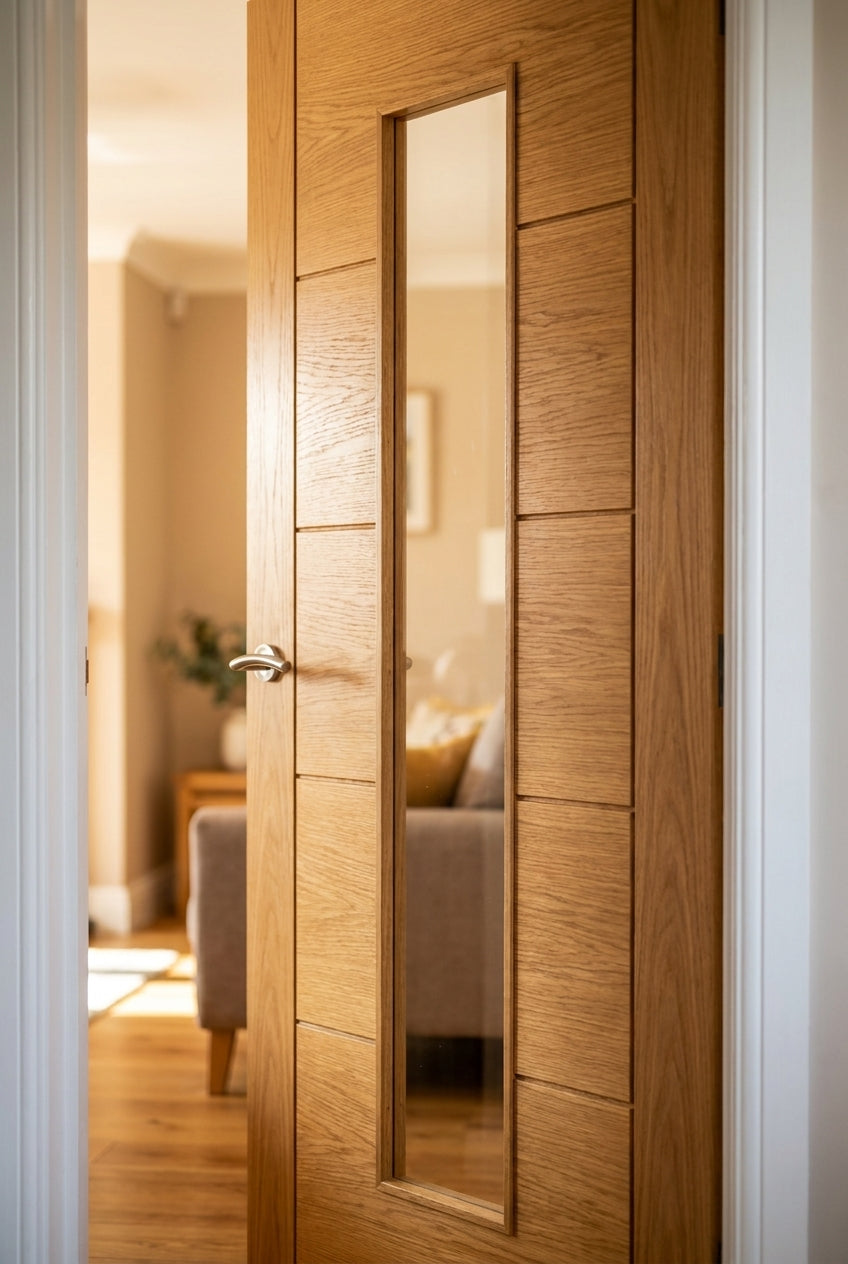 Internal Oak Door Unfinished with 1 Light Clear Glass Panel - detail view