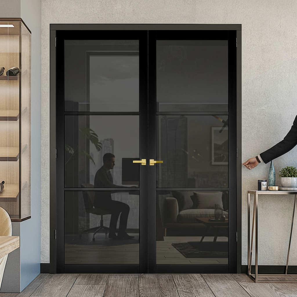 Premium Industrial Style Door Pair with Three-Light Design, Solid Softwood Core, and Pocket Door Compatibility