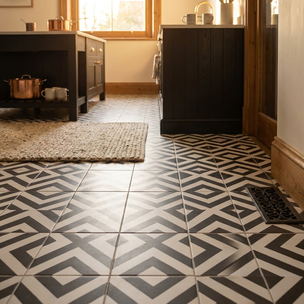 Retro Black and White 8mm Water-Resistant Laminate Flooring 1179x394mm - detail view