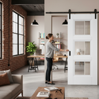 Internal White Primed Sliding Door Set with 3 Clear Glass Panes and Modern Black Steel Track for Stylish Home Décor - Image 2