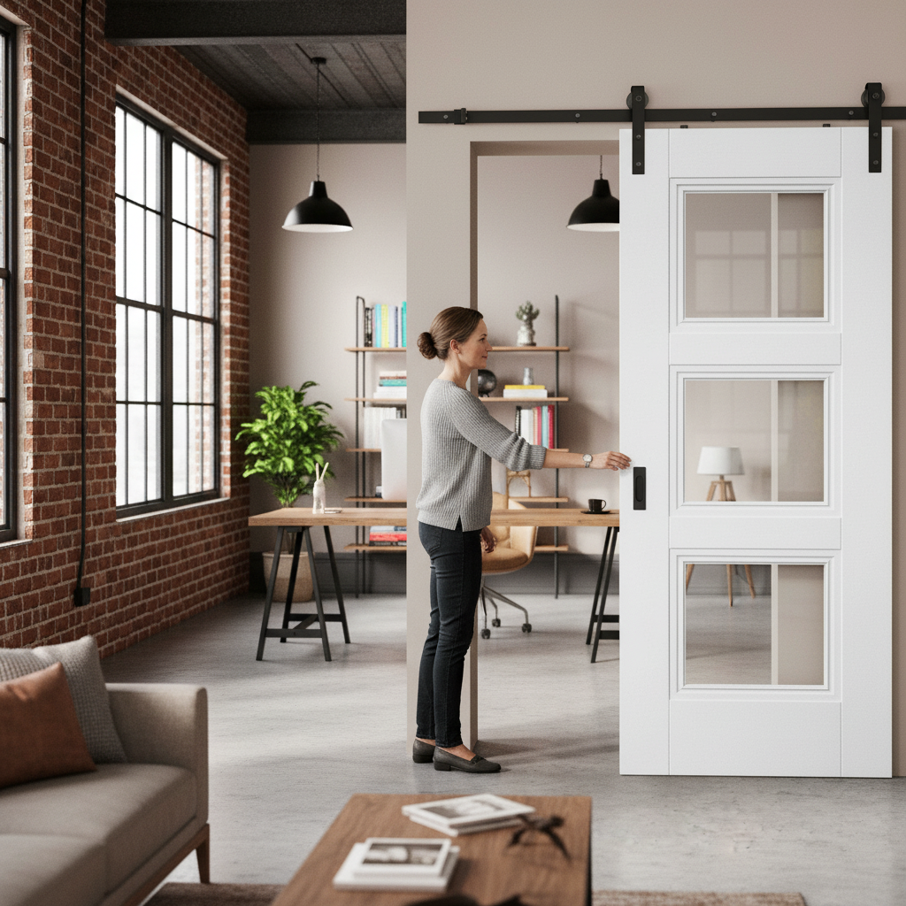Internal White Primed Sliding Door Set with 3 Clear Glass Panes and Modern Black Steel Track for Stylish Home Décor - Image 2