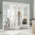 Premium White Obscure Glazed Room Divider with Flexible Bi-Folding Design and Top Hung System for Seamless Space Management