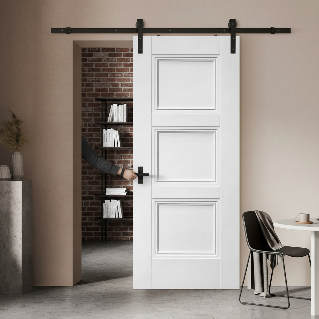 Premium Internal White Primed Elegance Sliding Door Set with Black Steel Track for Contemporary Spaces