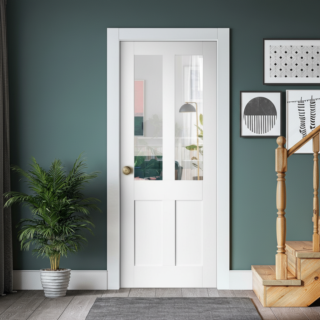 Premium Internal Primed Flat Victorian Shaker Door with 2 Clear Glass Panels and Solid Engineered Core Construction - Image 2