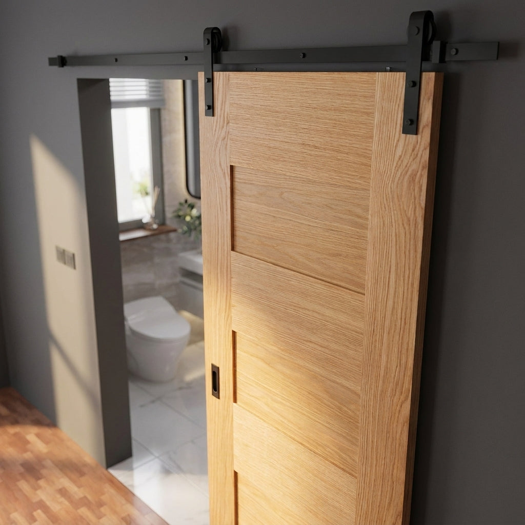 Internal Oak Sliding Door, Fully Finished, 7 Panel Edison Design, Black Face Mounted - detail view