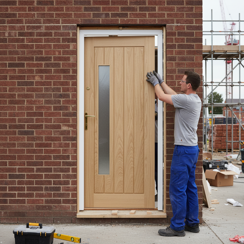 Premium Unfinished Oak Double Offset Glass Door with Obscure Pane for Custom Finishing