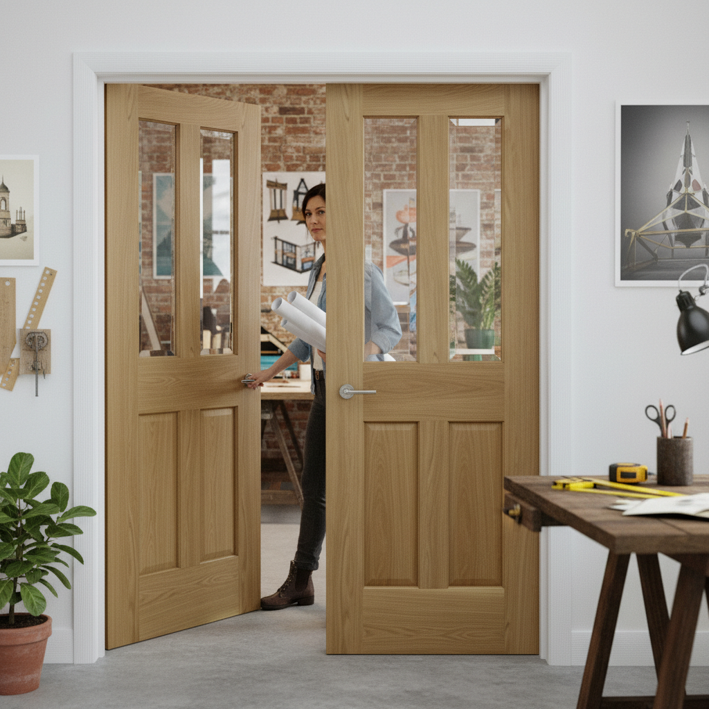 Premium Internal Oak Unfinished Clear Glazed Malton French Doors with Bevelled Glass Design and Engineered Construction