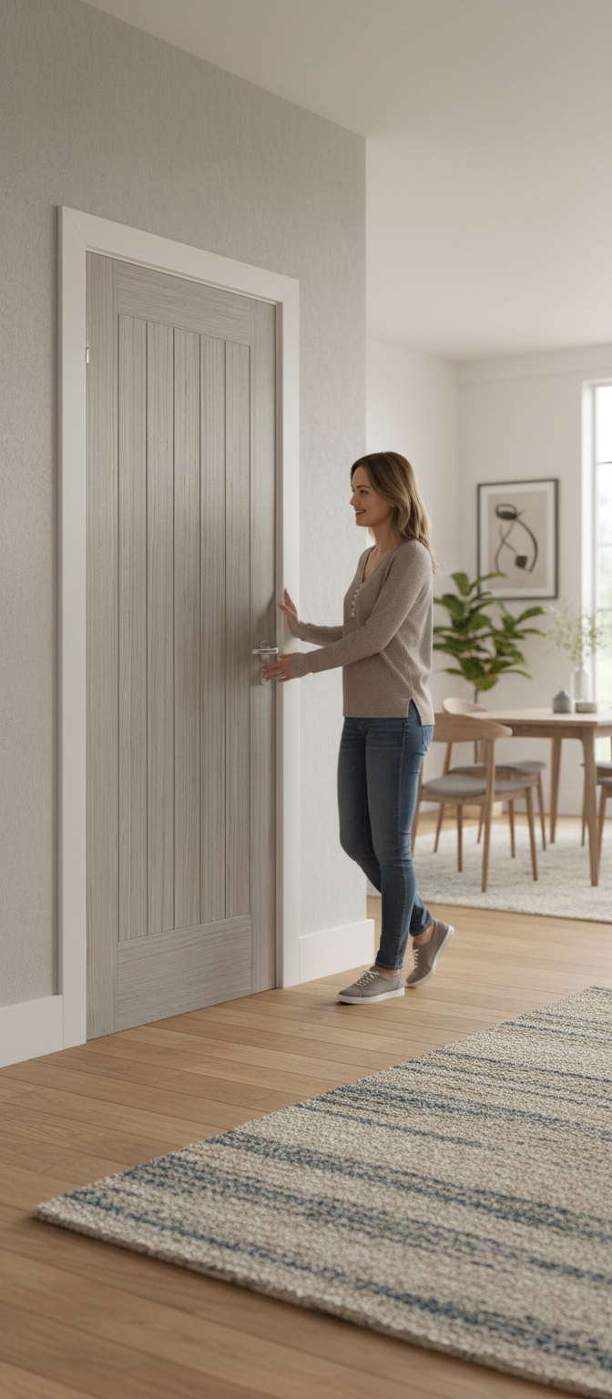 Premium Internal Semi Solid Grey Fully Finished Door with Traditional Cottage Style and Modern Wood Grain Finish