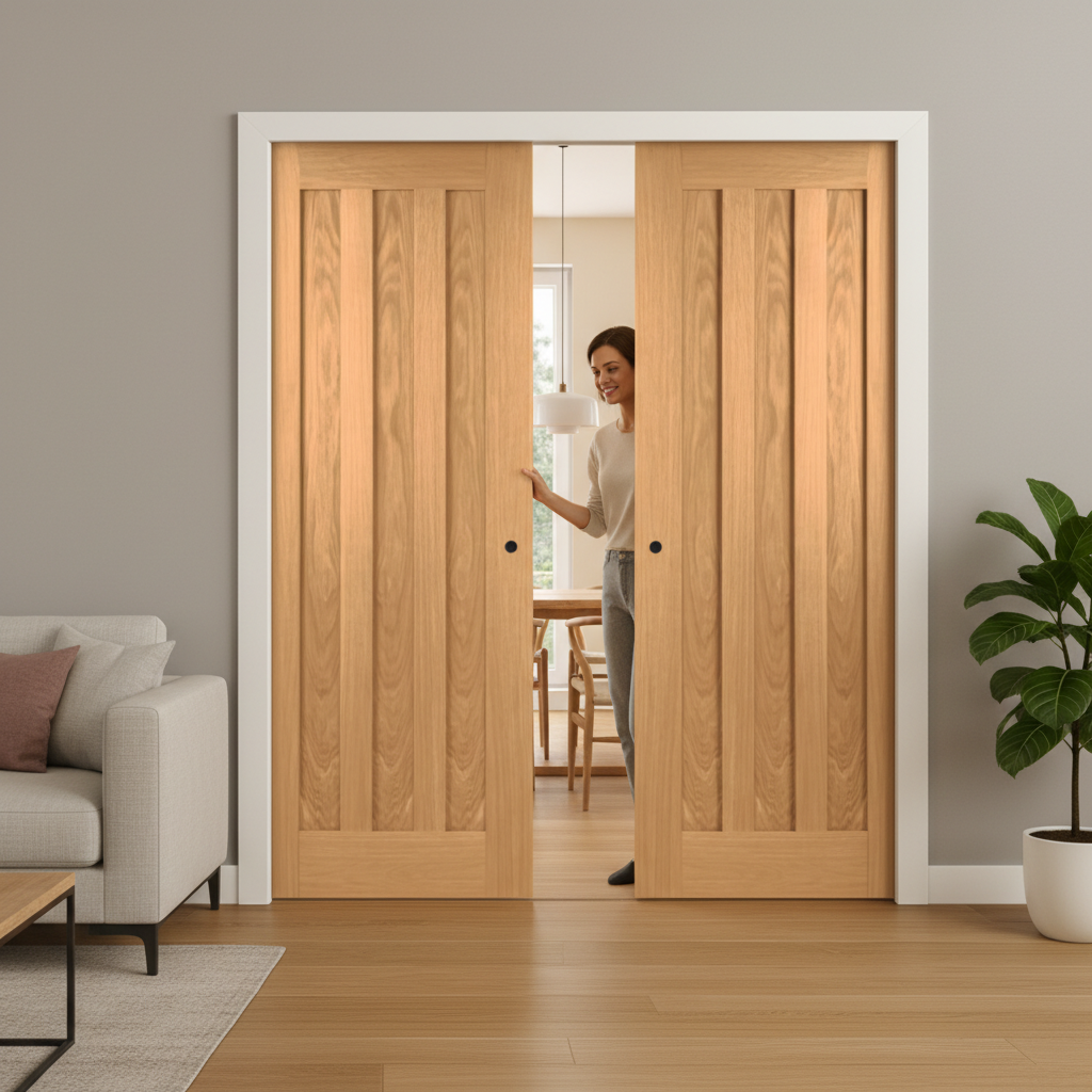 Premium Oak Double Pocket Door Set with Steel Frame and Adjustable Jambs for Modern Interiors