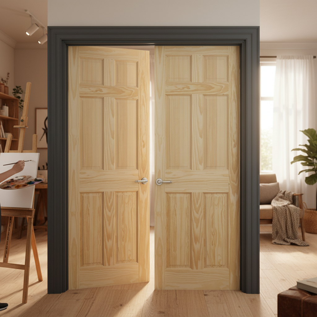 Unfinished Clear Pine 6 Panel Pair Door Set for Custom Interiors - High-Quality Professional Grade for Industrial and...