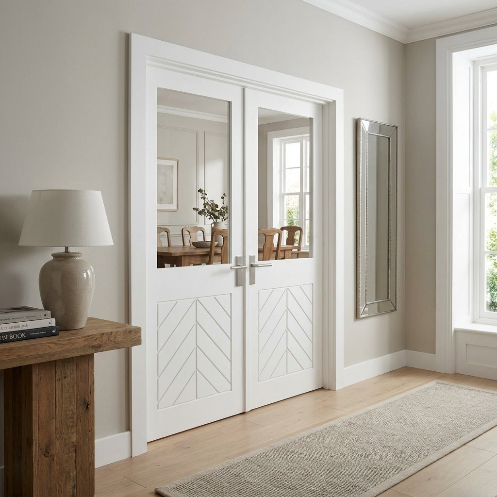 Internal White Double Door with Primed Finish and Clear Glass Chevron Design