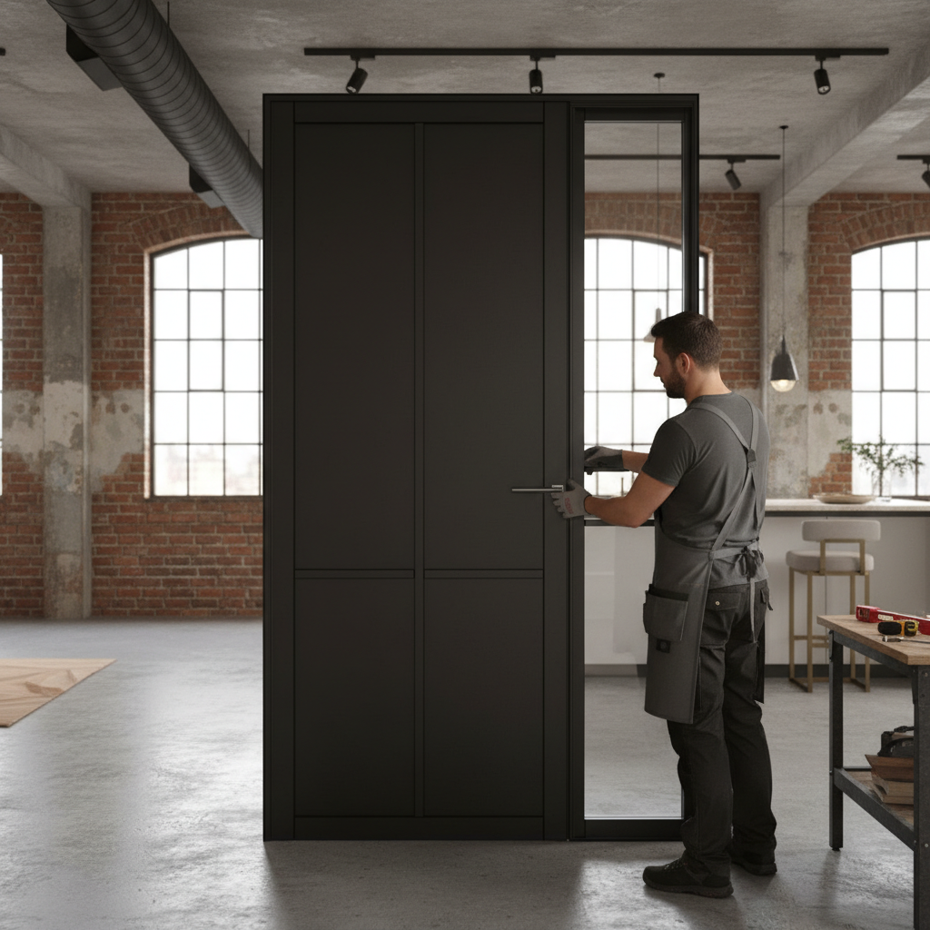 Premium Industrial Style Offset French Doors with Demi Panel for Modern Spaces - Available in Multiple Sizes