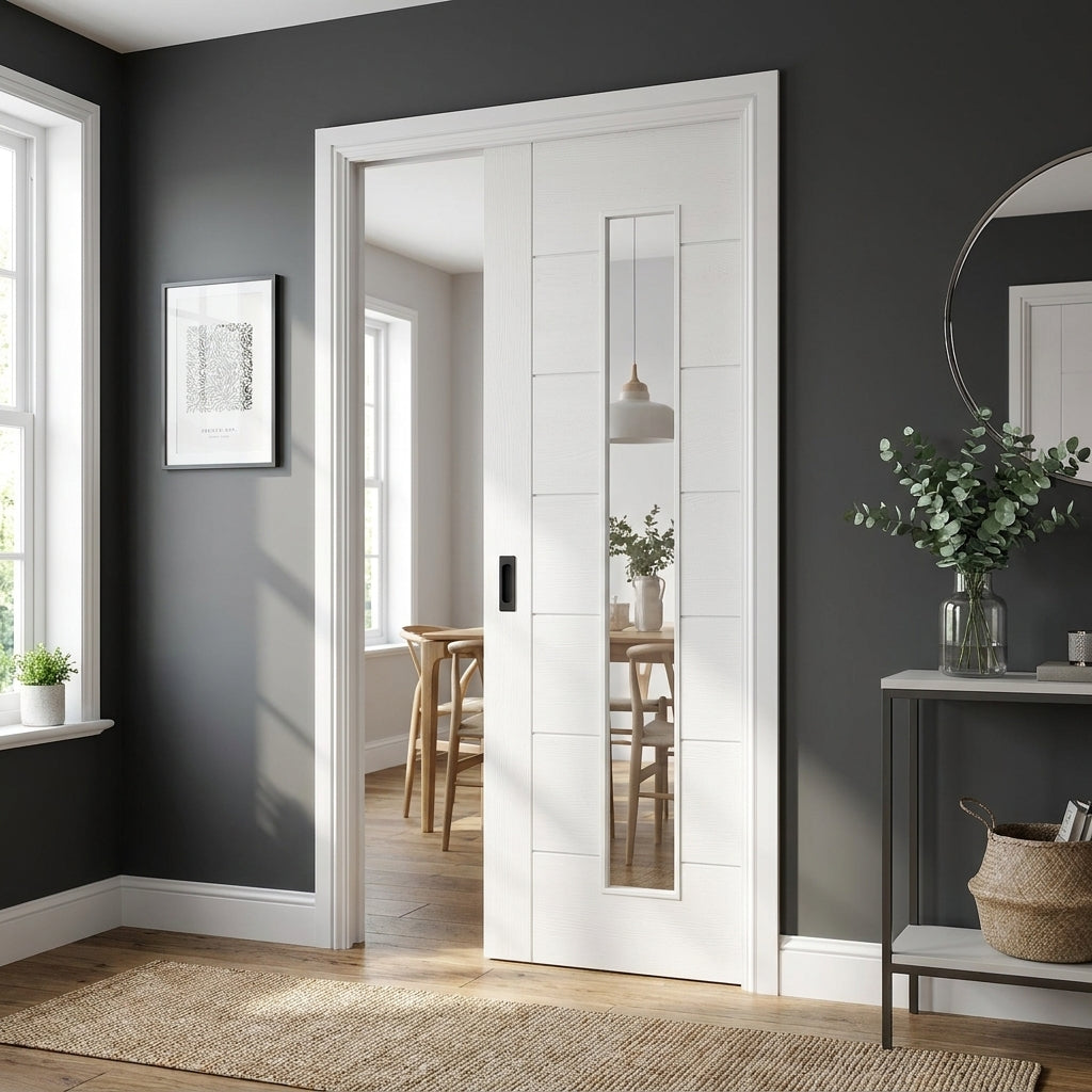 Internal Pocket Door Set, White Primed, 7 Panel, 4 Light Obscure Glass, 100mm