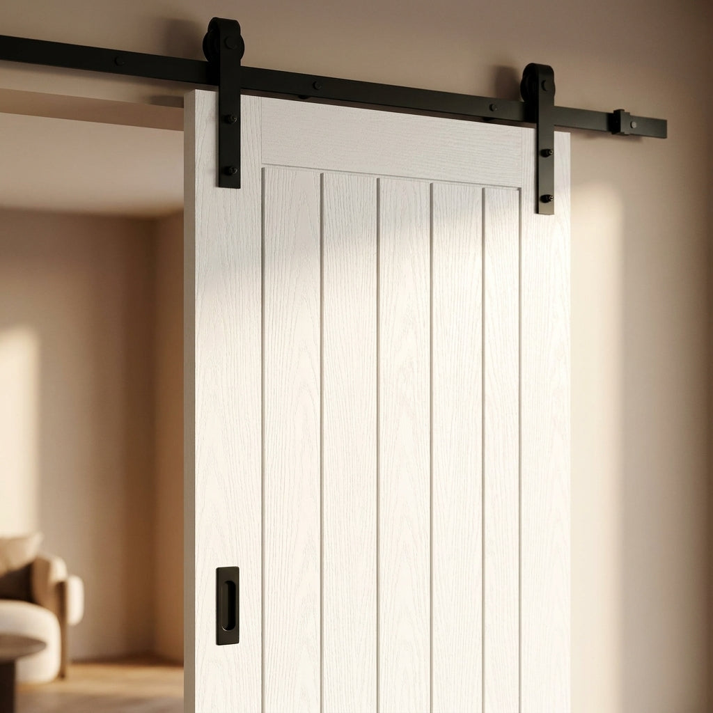 Internal White Sliding Door - Moulded Farley Design with Black Top Mount - detail view