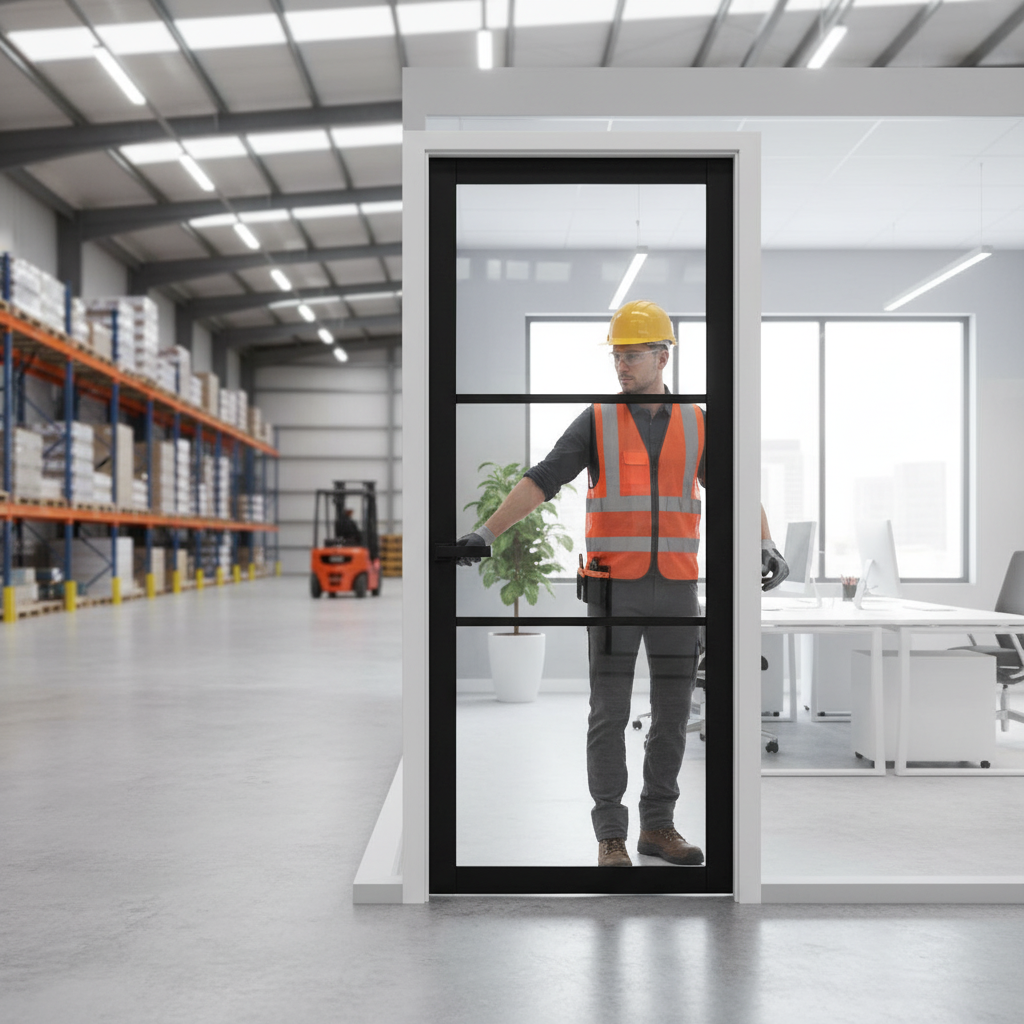 Premium Industrial Studio Sidelight with 3 Clear Glass Panels - Fully Finished in Jet Black for Modern Interiors
