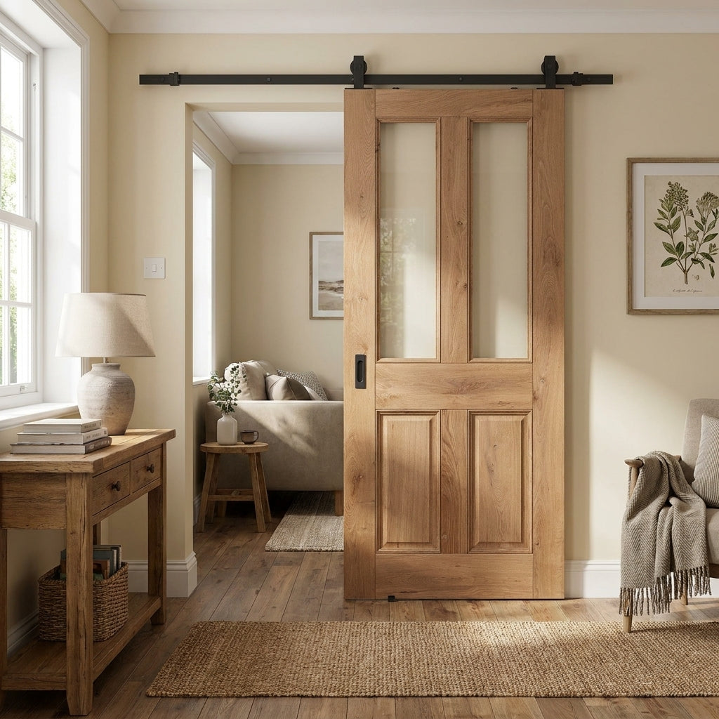 Fully Finished Clear Glazed 2 Panel Sliding Internal Oak Door - Rustic Malton