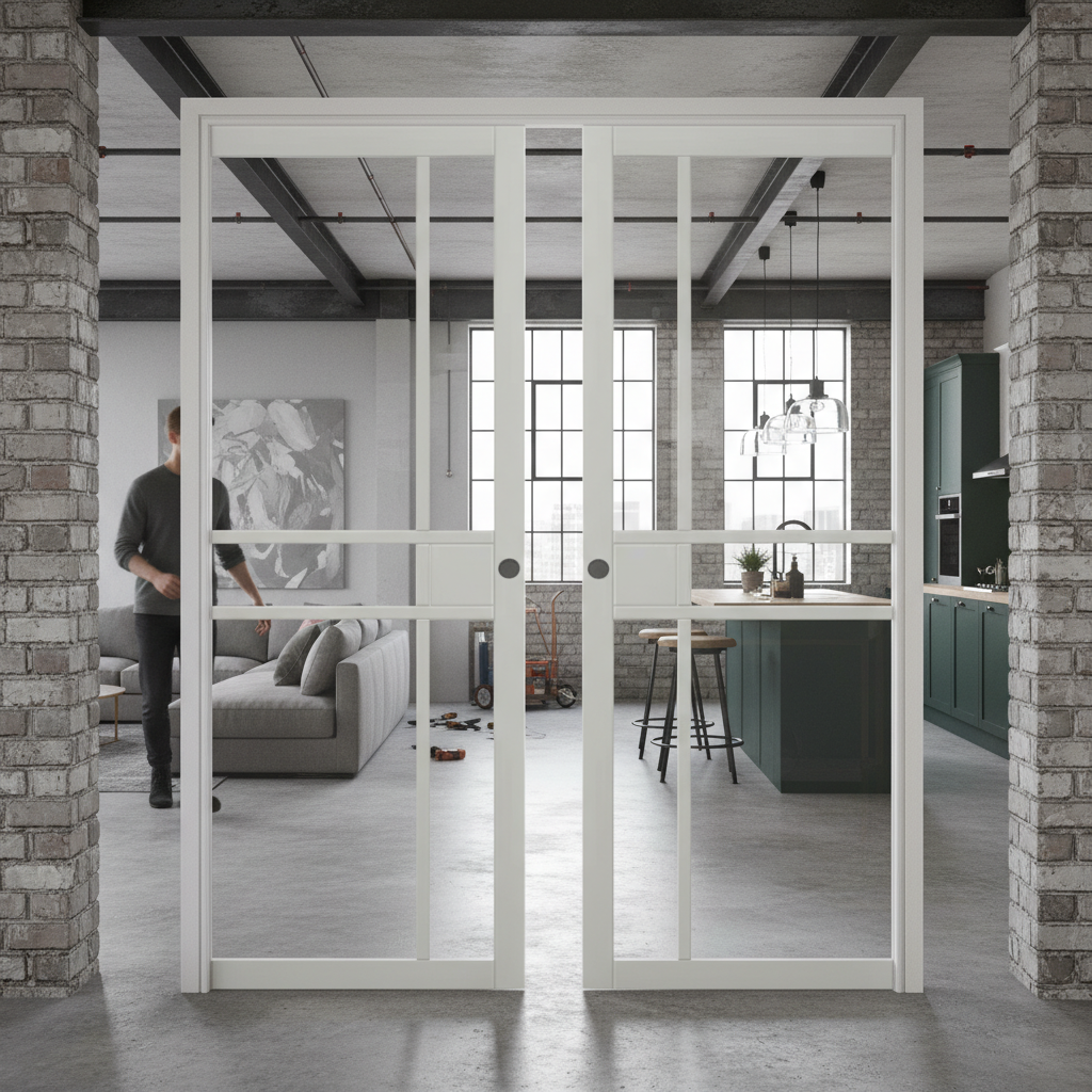 Premium Industrial Style Glazed Double Pocket Door Set with Steel Frame and Adjustable Jambs for Seamless Openings