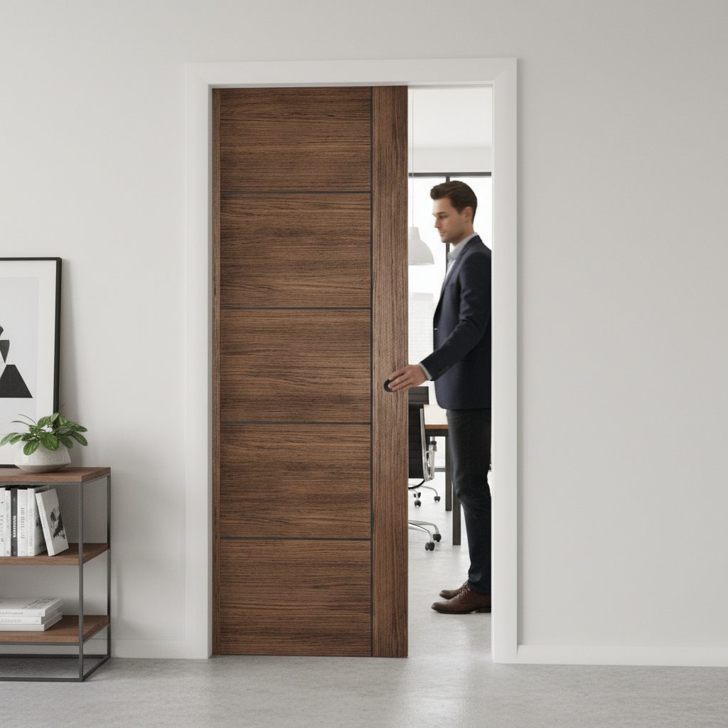Premium Walnut Laminate Pocket Door Set with Five Panel Design and Galvanised Steel Frame for Modern Interiors