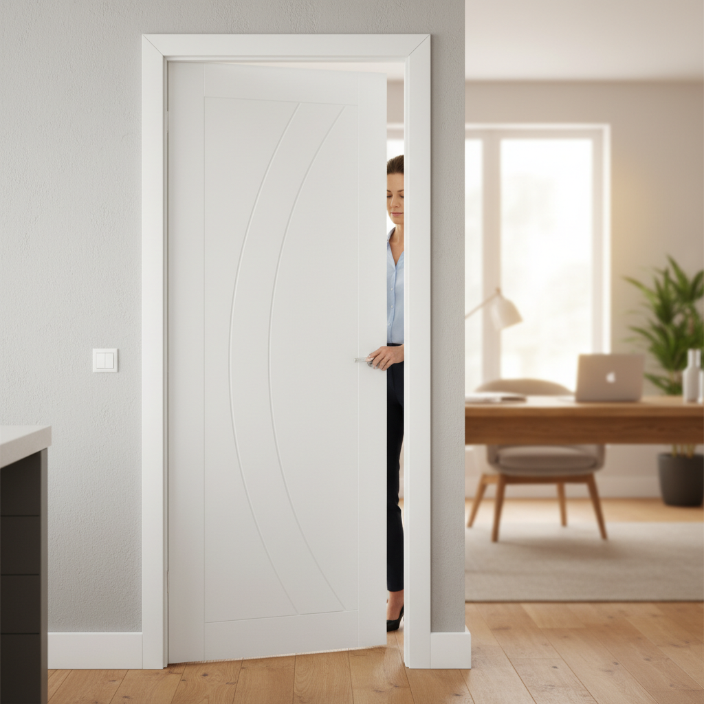 Premium White Primed Internal Door with Curved Design and Deep U-Grooves for Enhanced Style and Durability