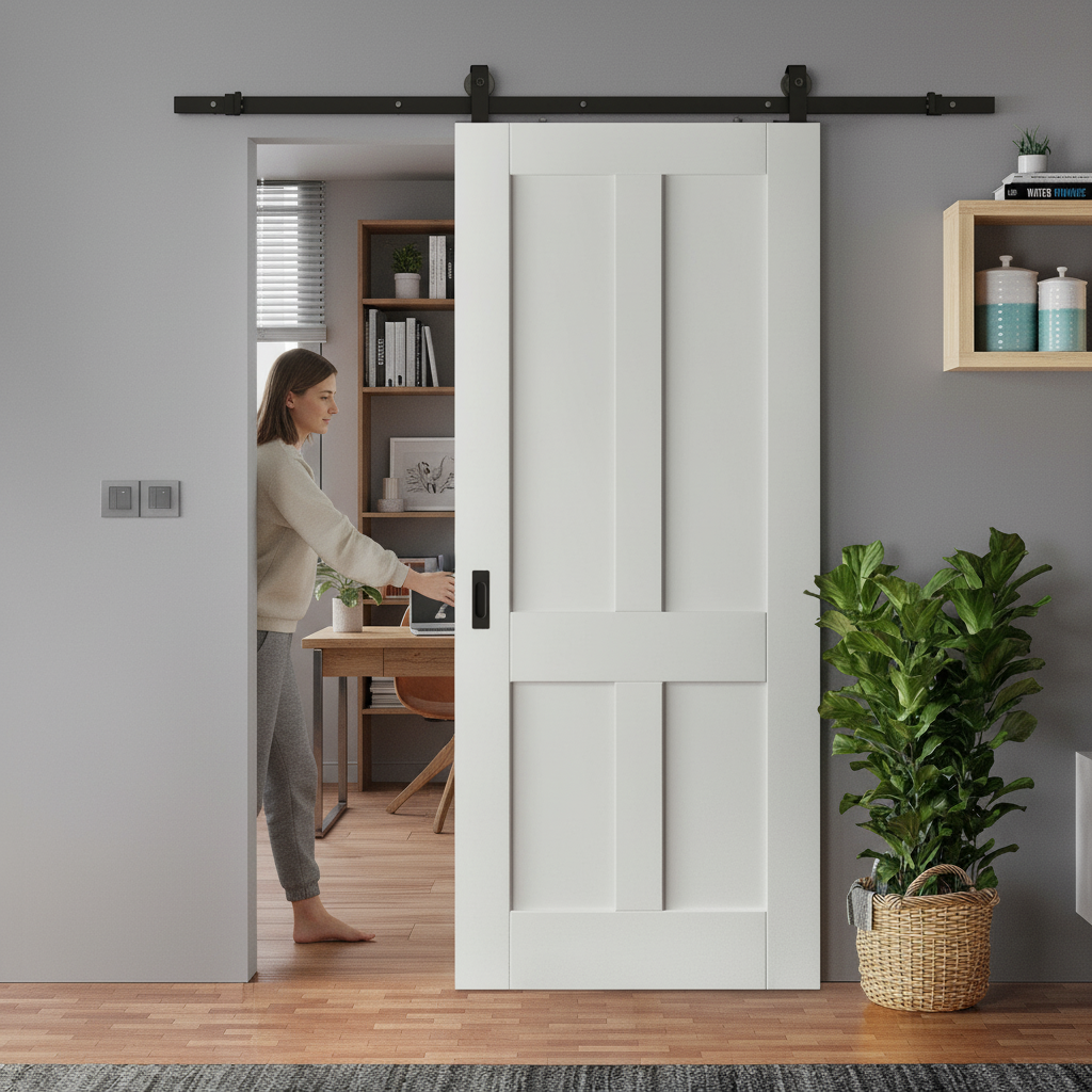 White Primed Internal Victorian Shaker 4 Panel Sliding Door with Black Top Mounted Kit for Elegant Interiors - Image 2