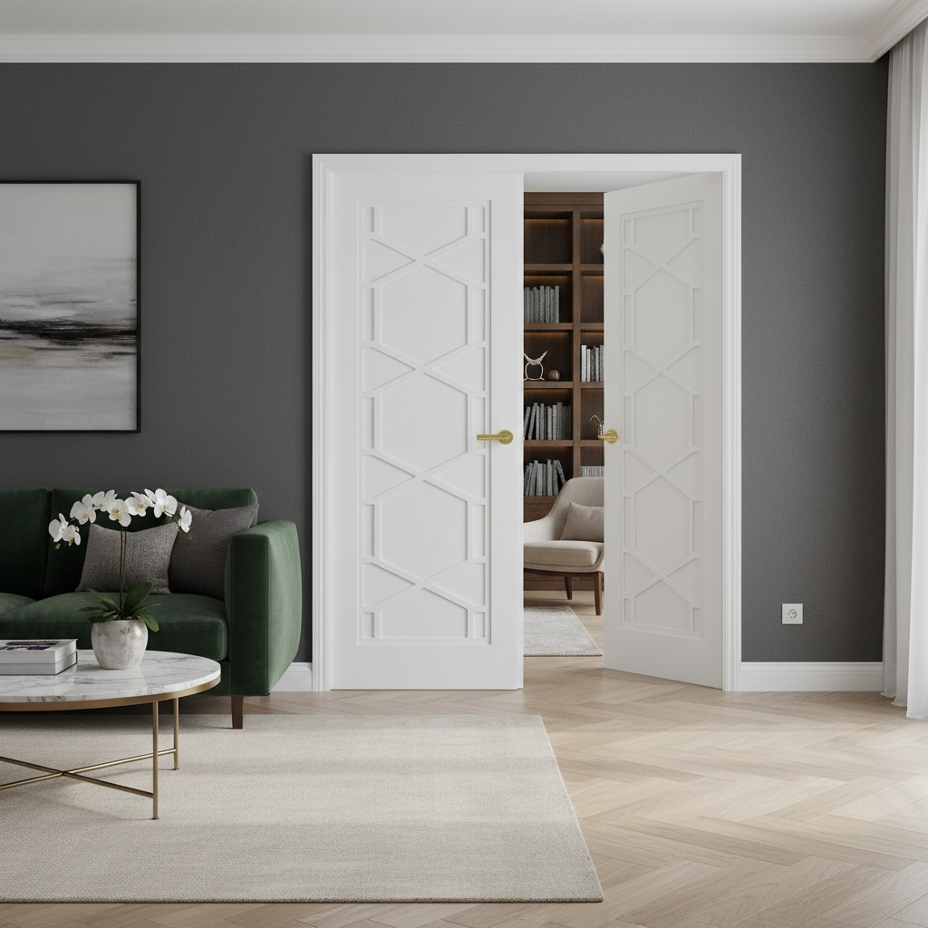 Premium Art Deco Inspired White Internal Door Pair with Solid Core Construction and Hexagonal Design