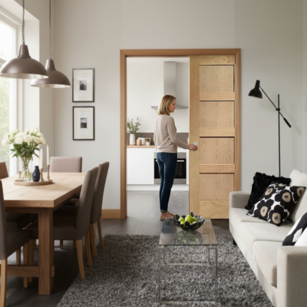 Premium Double Pocket Door System with Oak 4 Panel Doors, Galvanised Steel Frame, and Adjustable Jambs for Seamless Installation