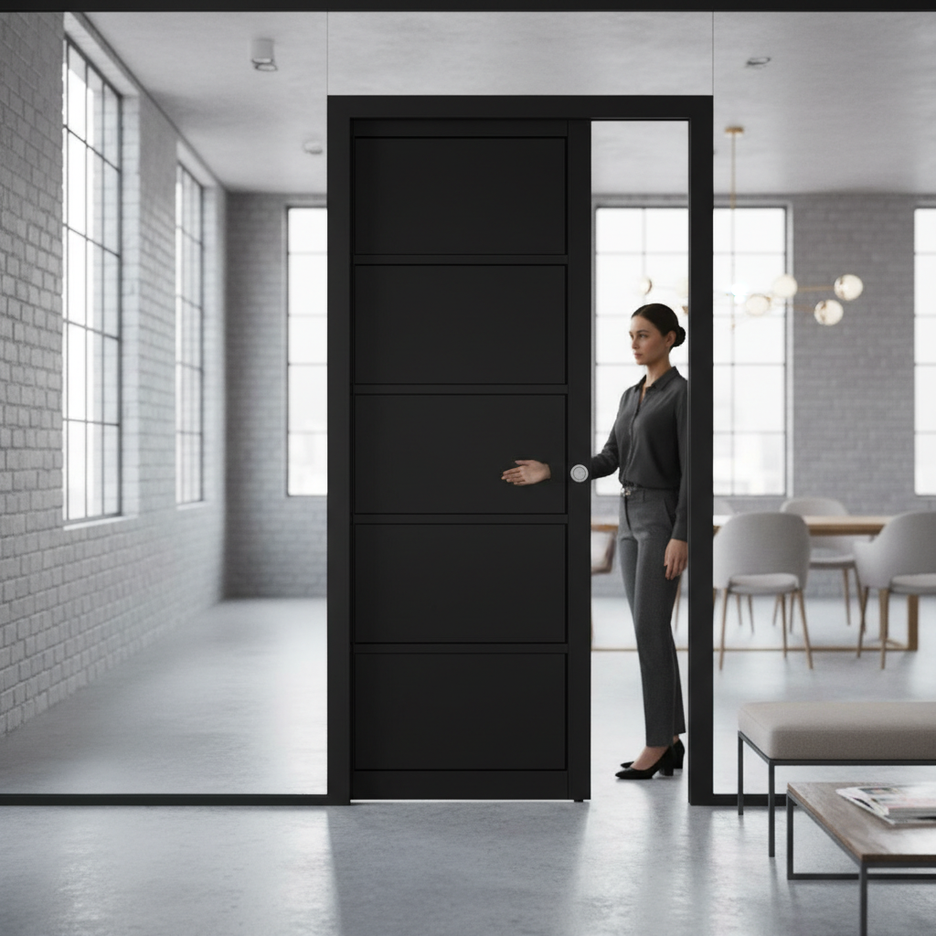 Premium Industrial Style 5 Panel Pocket Door Set with Steel Frame and Adjustable Jambs for Contemporary Homes