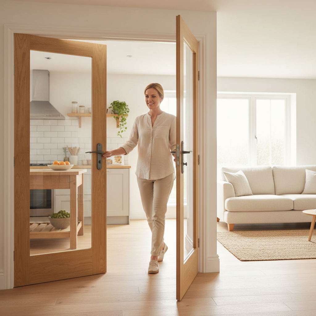 Premium Glazed Offset French Doors with Clear Glass Panes and Demi Panel Options for Customization