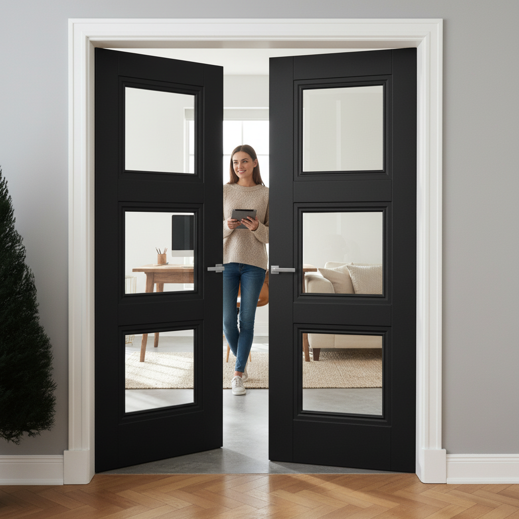 Premium Internal Black Primed 3 Light Clear Glass Pair Door for Contemporary Homes - Image 2