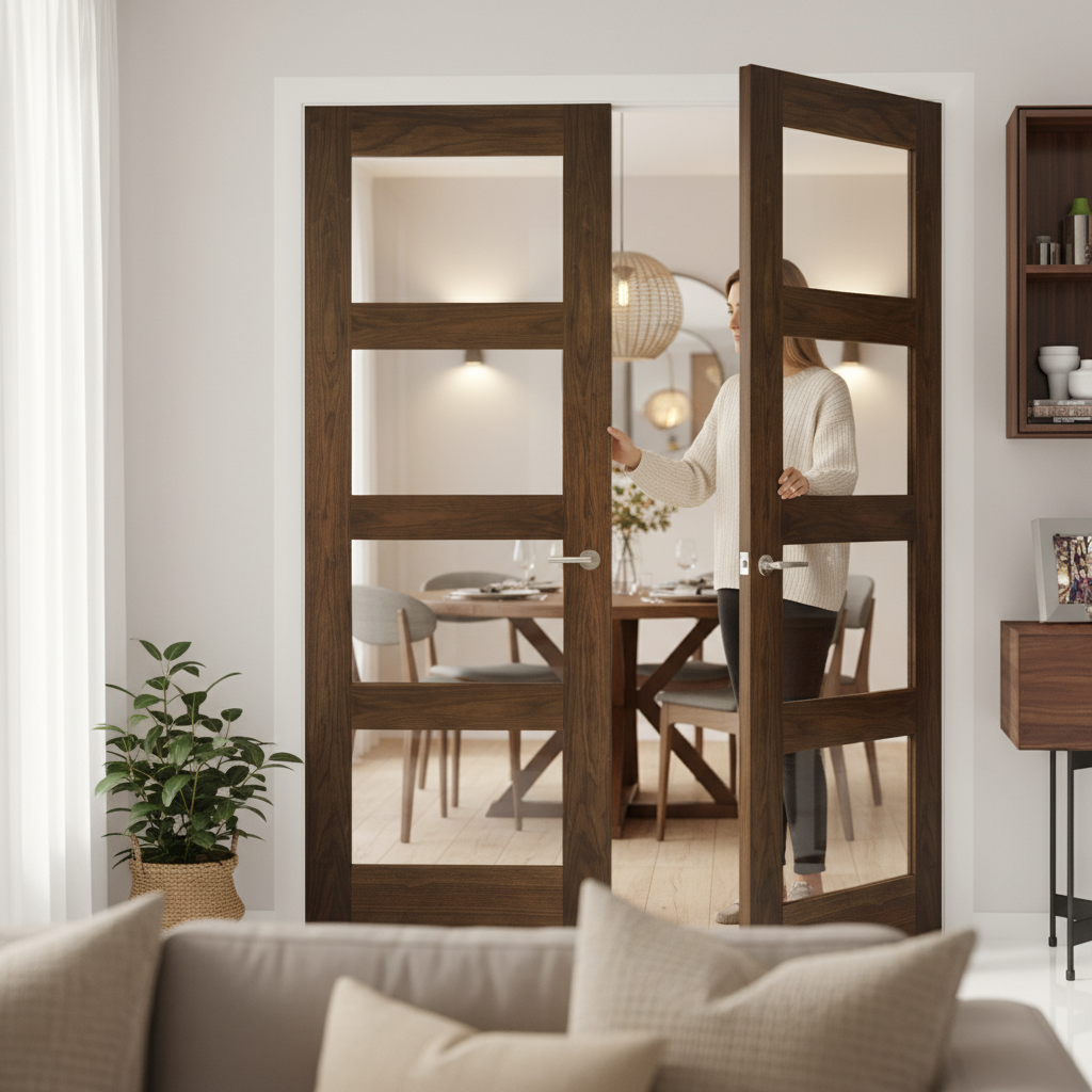 Premium Walnut Shaker Clear Glazed Door Pair with Solid Core and Toughened Glass